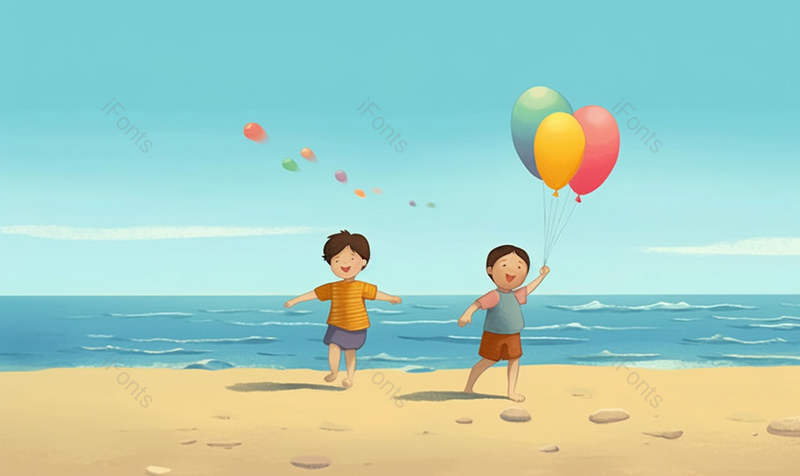 两个男孩海边追逐夏天儿童小孩湖边海边大海游玩嬉戏可爱唯美插画,插画/手绘图,插画/手绘图库,插画/手绘图下载,插画/手绘